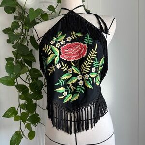90s Moschino Black Halter Fringe Top with Floral Embroidery